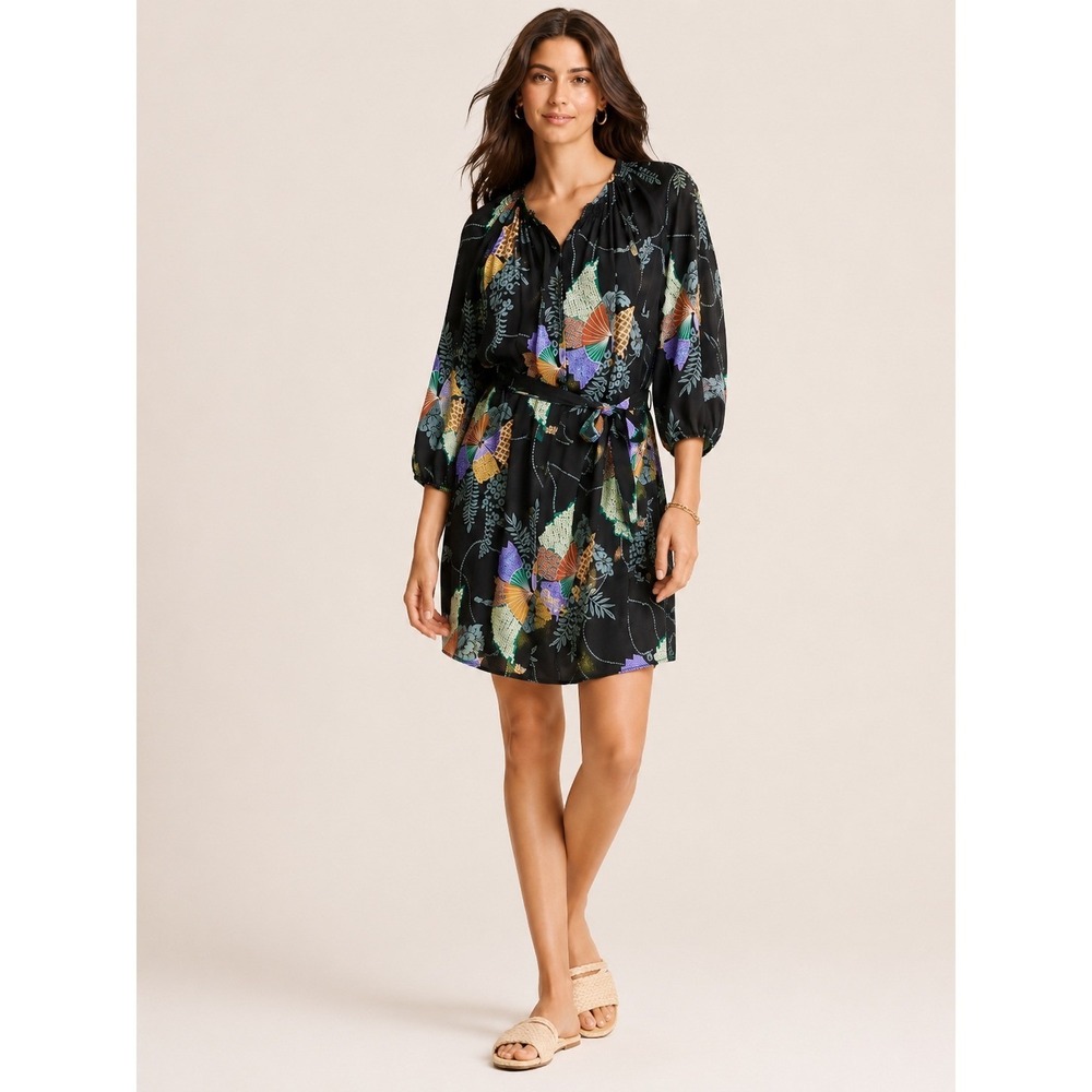 Tucker Womens Silk Classic Dress L Mini Boho Chic Black Shift Loose Fit Relaxed